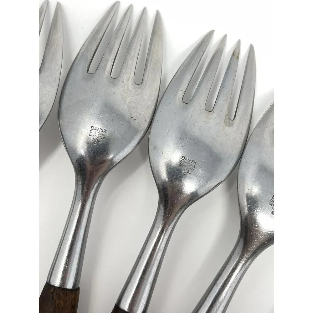 Dansk FJORD Dinner Forks Teak Handle Stainless Steel Germany 7 1/8” Set Of 7